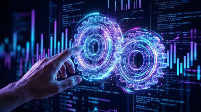 A futuristic hand interacting with glowing gears and code background