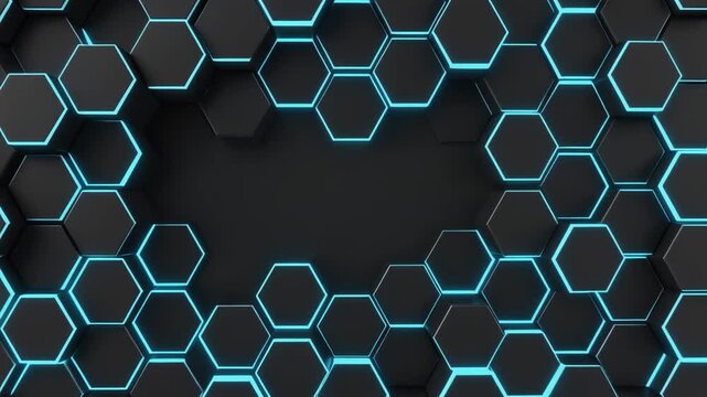 Abstract hexagonal pattern with glowing blue light in dark futuristic background seamless motion