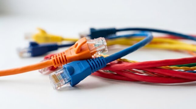 A close up view of colorful ethernet cables left unplugged on a clean white surface with connectors visible, representing digital communication and data connection themes