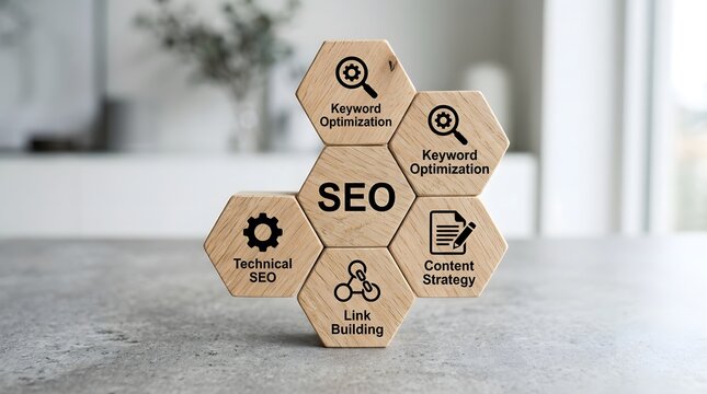 Seo strategy concept with wooden blocks showing keyword optimization content and technical seo