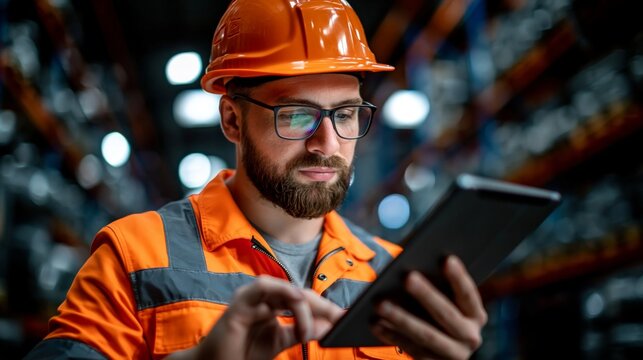 A bearded worker in an orange hard hat and safety vest uses a tablet in a blurred warehouse background.