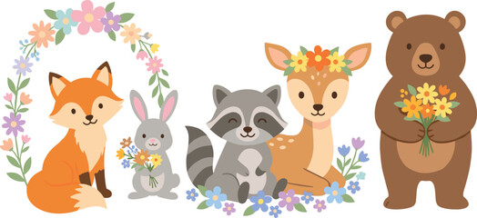 Fototapeta premium Cute woodland forest animals vector collection set isolated on white background with fox rabbit raccoon deer bear and spring floral bouquets