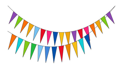 Fototapeta premium Colorful triangular bunting flags hanging on strings, festive party decorations for celebrations, birthdays, and carnivals, isolated on a white background, for easy use