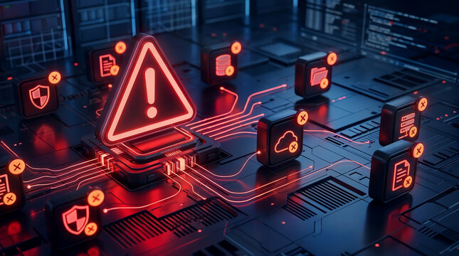 Cybersecurity system error with red glowing warning sign and broken data icons on futuristic circuit board representing digital security breach and hacking threat.