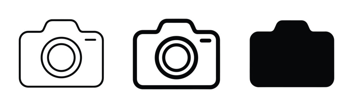 Camera Icons Set: Simple Line Art, Bold Outline, Solid Black Vector Graphics