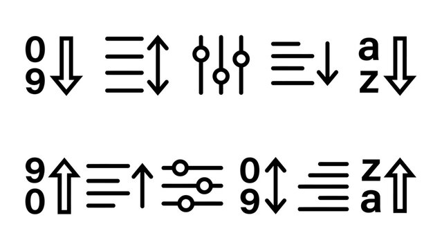 Set of black and white interface featuring sorting arrows, sliders, and alphabetical order symbols, isolated on a white background, for web navigation