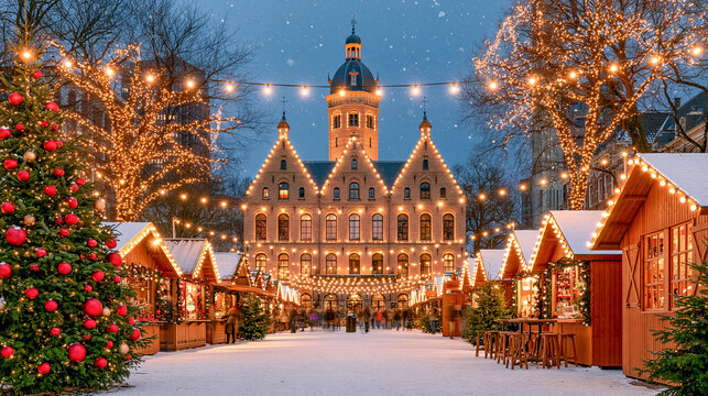 European Christmas Market at Dusk with String Lights