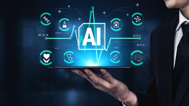 Futuristic Technology Concept Showcasing Artificial Intelligence With Digital Icons and Data Visualization in a Business Environment Haptic.