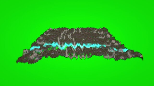 Floating island terrain reveals glowing blue crystalline fissures in this horizontal 3D animation keying asset over chroma green screen