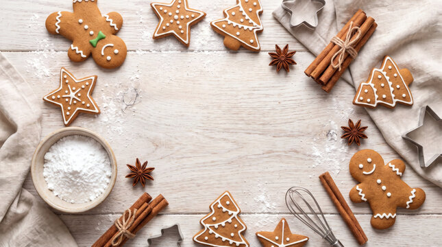 Christmas gingerbread cookies baking frame with cinnamon