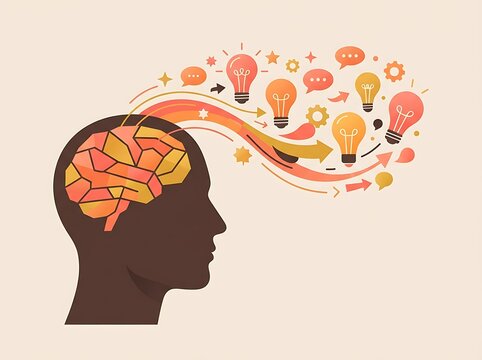Conceptual illustration of human head with glowing light bulbs representing creative ideas and intelligence.