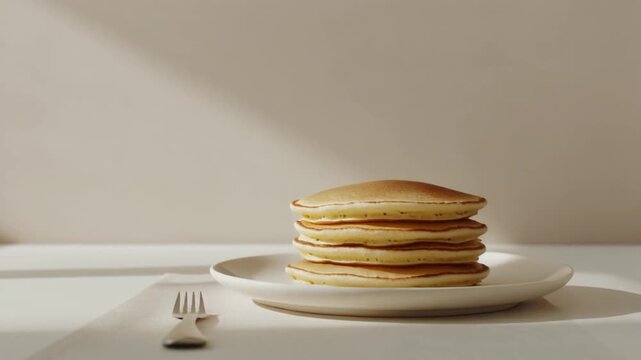 Slow Pan Movement Across a Stack of Fresh Fluffy Pancakes on a White Plate with Fork, 1080p Breakfast and Food Styling Footage
