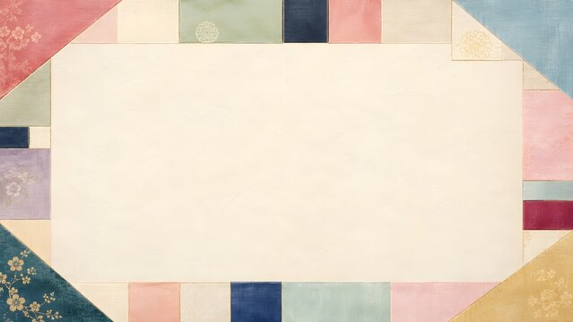 Traditional Korean Patchwork Frame Background with Colorful Fabric Border and Empty Copy Space