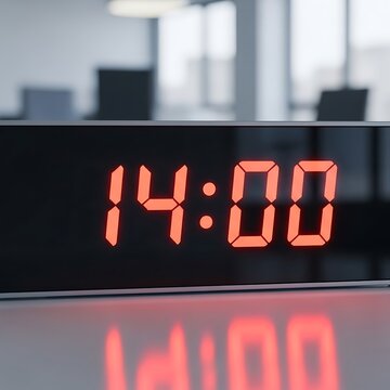 Digital alarm clock showing 14:00 time with red LED display in a modern office setting.