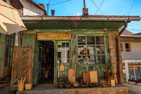Sarajevo, Bosnia and Herzegovina - August 10, 2026: Dzirlo, a traditional wooden handicraft shop located at Kovaci 14 in the historic Ba&scaron;čar&scaron;ija neighborhood of Sarajevo, Bosnia and Herzegovina