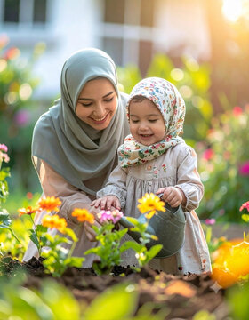 mother and daughter in the garden