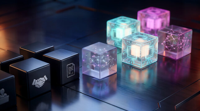 Glowing 3D digital cubes with business icons representing blockchain technology, smart contracts, and networking on a dark futuristic surface.