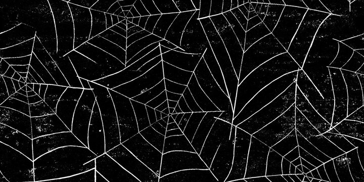 Gothic spider web pattern on black background. Spooky cobweb texture for Halloween. Dark vintage hand drawn spiderweb wallpaper.
