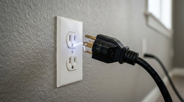 A close up view of an electrical outlet on a textured grey wall where a black power cord is unplugged as a tiny electric arc sparks near the socket pins, underscoring the electricity