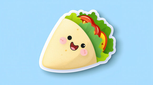 Cute taco sticker with smiling face, featuring lettuce, tomatoes, and soft tortilla, perfect for food lovers and decoration