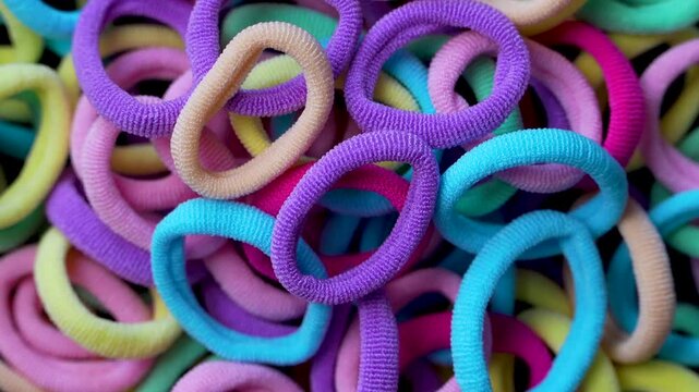 Rotating colorful pile of elastic hair ties