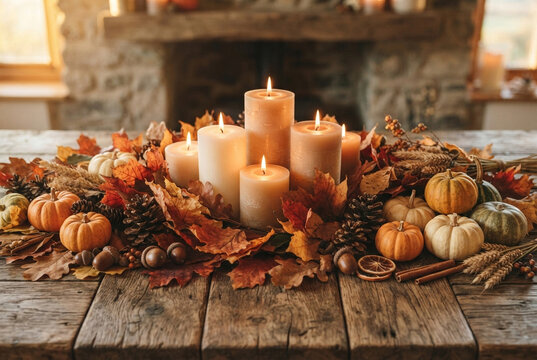 Autumn table arrangement featuring glowing candles, pumpkins, and pine cones on wood.