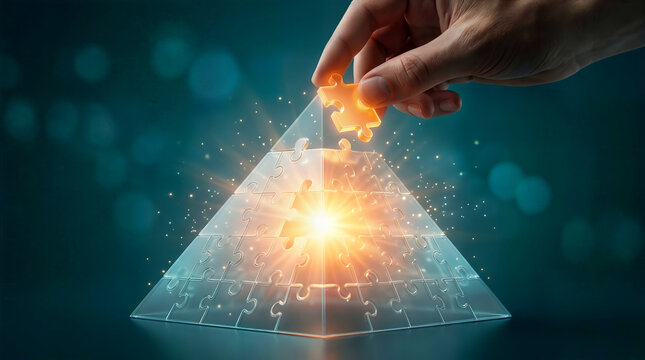 Close up of person placing glowing last puzzle piece on glass pyramid, symbolizing business success, strategic vision, leadership achievement, and innovative problem solving completion.