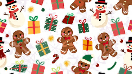 Fototapeta premium Seamless Christmas pattern featuring cute gingerbread man, snowman, and colorful gift box. Whimsical holiday illustration on a white background
