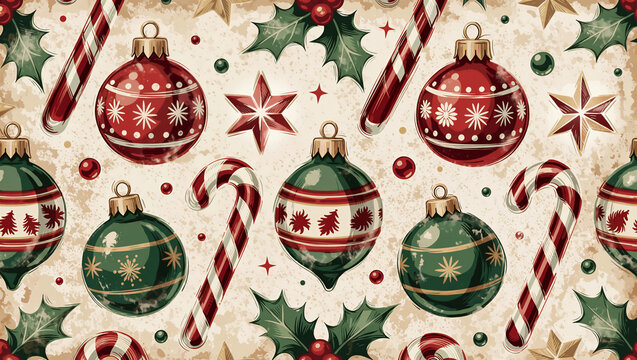 Vintage Christmas seamless pattern featuring red baubles, holly, and candy canes. This retro holiday background has a distressed texture for wrapping paper