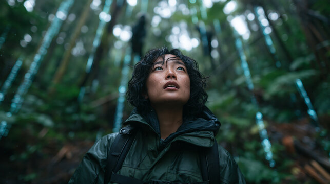 Asian Woman Looking Up with Awe in Rainy Forest