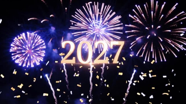 Happy New Year 2027 Festive Celebration Animation Featuring Glowing Golden Numbers, Colorful Fireworks, Sparkling Lights and Elegant Purple Background