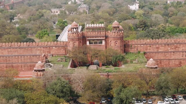 Aerial view of the historic red fort complex, also known as lal qila, a famous tourist destination in old delhi, india