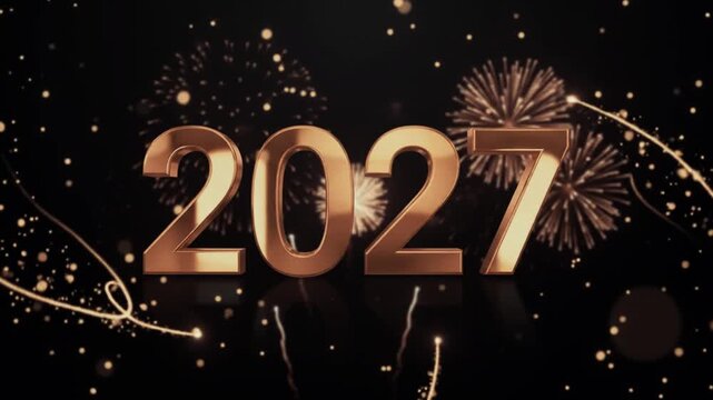 Elegant Happy New Year 2027 Celebration Animation with Large Golden 3D Numbers, Glowing Fireworks, Sparkling Particles and Luxury Dark Background