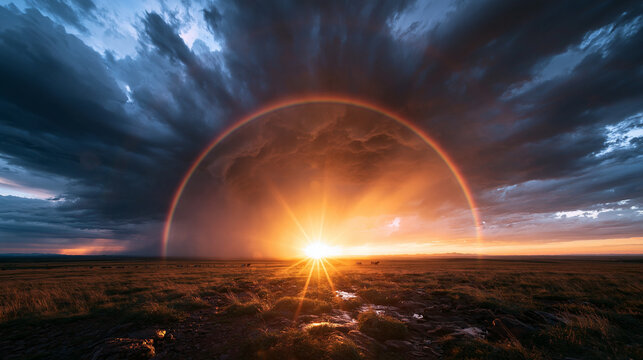 Glowing Rainbow and Sunset Breaking Through Storm Clouds