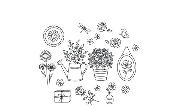 Garden flower line art vector set featuring potted plants watering can blossoms dragonfly and butterfly for coloring book page design