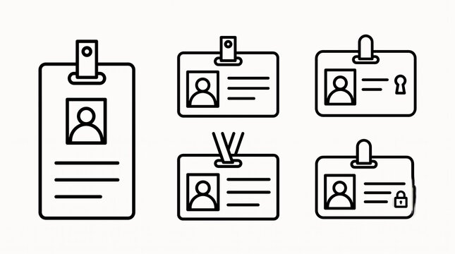 Collection of stylized identification badge icons with portrait and lines for text on a neutral background