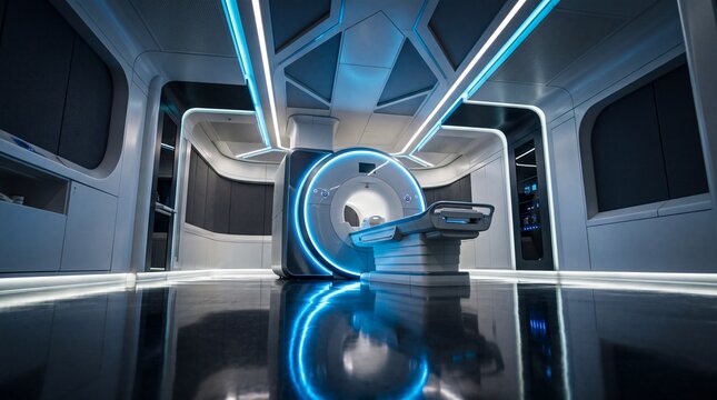 Futuristic MRI Scanner Machine in High Tech Medical Room