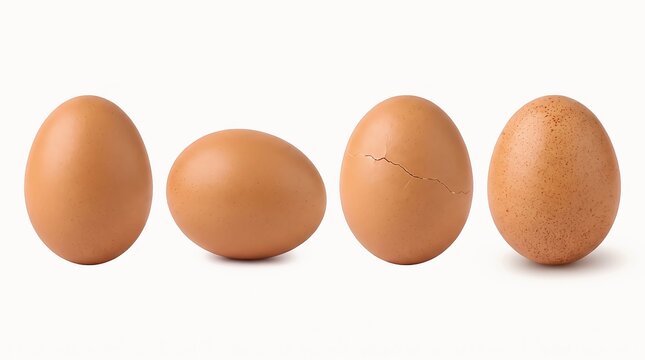 Four whole brown chicken eggs in a row with one cracked during studio lighting isolated on white background