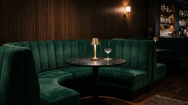 Green velvet curved booth with marble table and brass lamp in dark moody bar interior with wood slat walls.