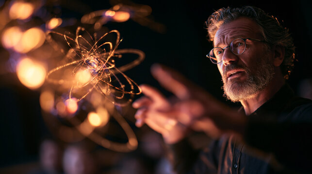 Scientist Interacting with Glowing Quantum Atom Hologram