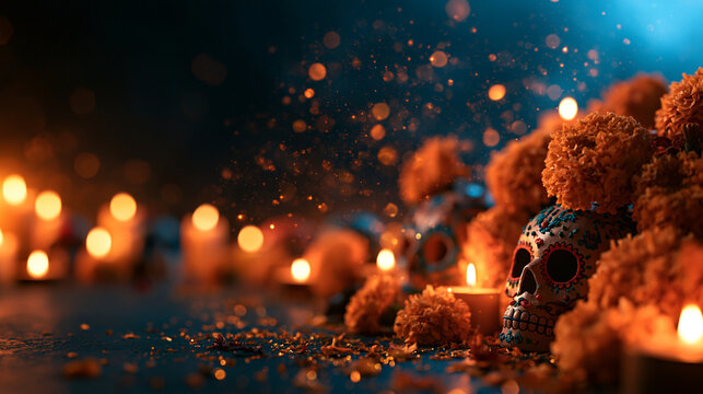 Sugar Skull with Marigolds and Candles for Day of the Dead