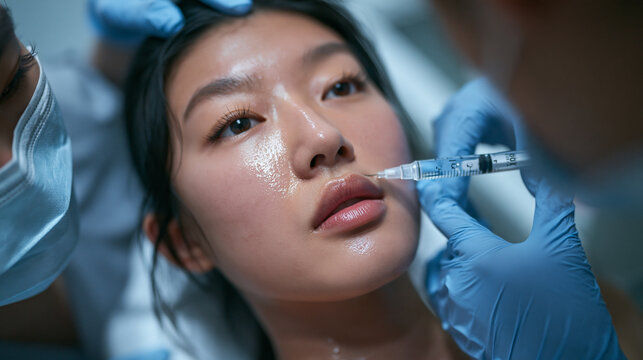 Asian Woman Receiving Lip Filler Injection at Aesthetic Clinic