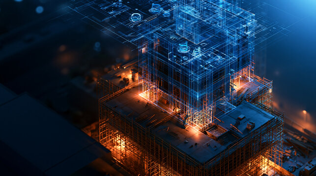 Digital Twin Blueprint Hologram Over Construction Site Building