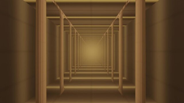 Endless Fluted Stone Colonnade With Light Shafts Between the Pillars, Zoom In Moving Forward, Seamless Loop in soft amber tones