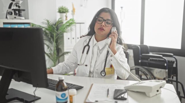 Woman doctor holding phone handset and typing on computer at desk in clinic building; focused care coordination and triage.