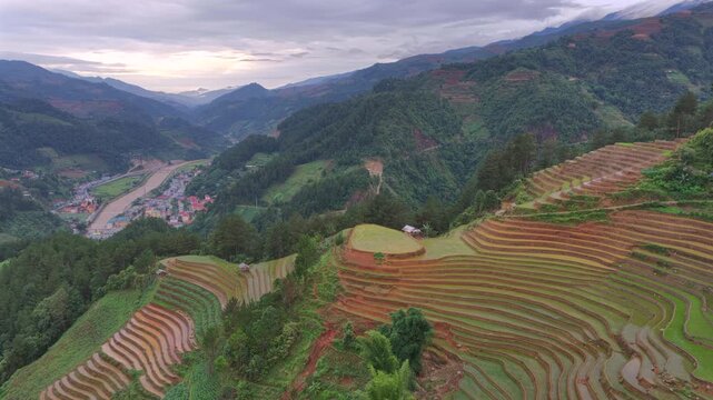 Aerial drone view of golden hour light over terraced rice fields in Mu Cang Chai Vietnam