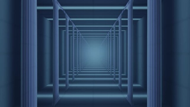 Endless Fluted Stone Colonnade With Light Shafts Between the Pillars, Zoom In Moving Forward, Seamless Loop in deep azure tones