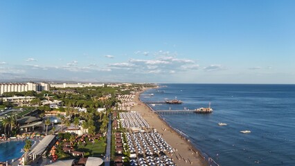 Aerial view of Turkish riviera, Belek, Antalya luxury hotels and holiday resorts by the coast of Mediterranean Sea, Türkiye  © raeva