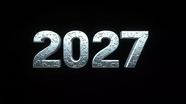 Digital year 2027 text emerging from green binary code rain with binary numbers glowing