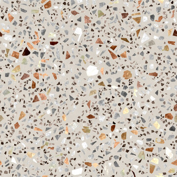 Beige terrazzo with earth-tone stone chips &mdash; Natural warm brown and tan aggregate pattern on creamy base for organic modern designers, ideal for wellness spa flooring and yoga studio interior wall cla
